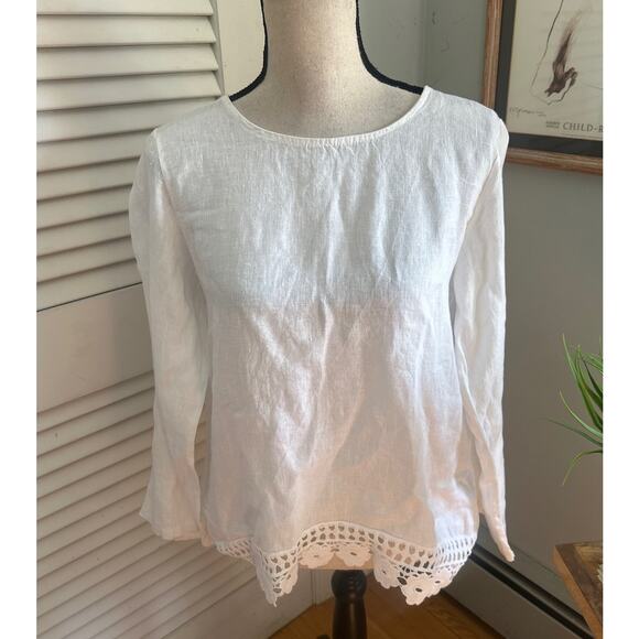TERZO MILLENNIO Womens Top Medium White Linen Crochet Trim Summer Made in Italy - Picture 2 of 11